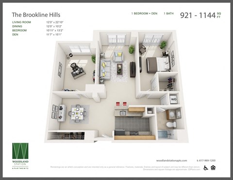 Floor plan for 1 bed, 1 bath, 1144 sqft