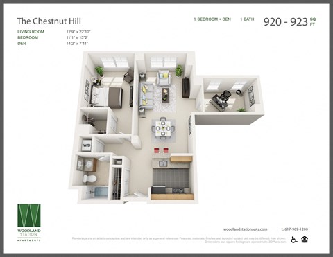 Floor plan for 1 bed, 1 bath, 923 sqft