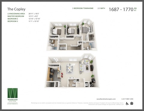 Floor plan for 3 beds, 2.5 baths, 1734 sqft