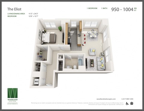 Floor plan for 1 bed, 1 bath, 975 sqft