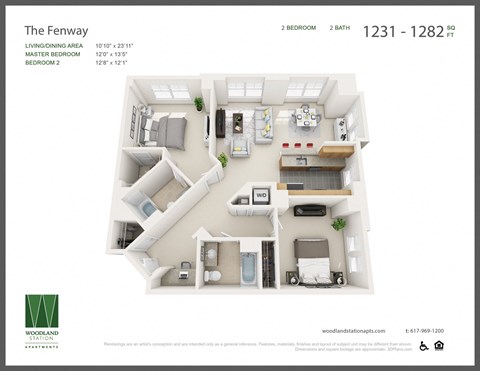 Floor plan for 2 beds, 2 baths, 1273 sqft
