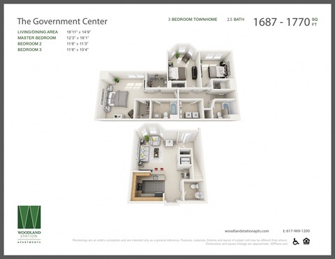 Floor plan for 3 beds, 2.5 baths, 1770 sqft