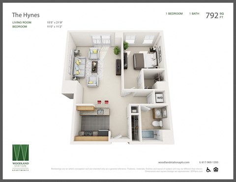 Floor plan for 1 bed, 1 bath, 792 sqft