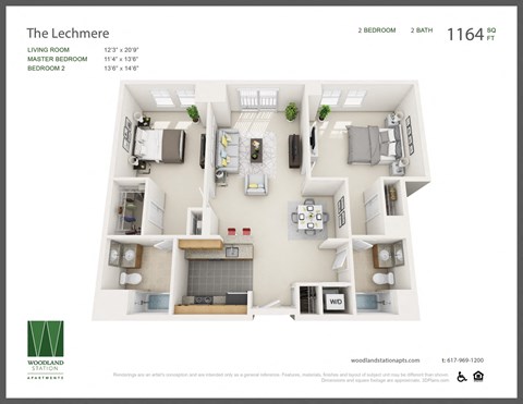 Floor plan for 2 beds, 2 baths, 1162 sqft
