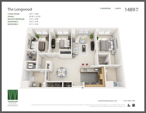 Floor plan for 3 beds, 2 baths, 1489 sqft