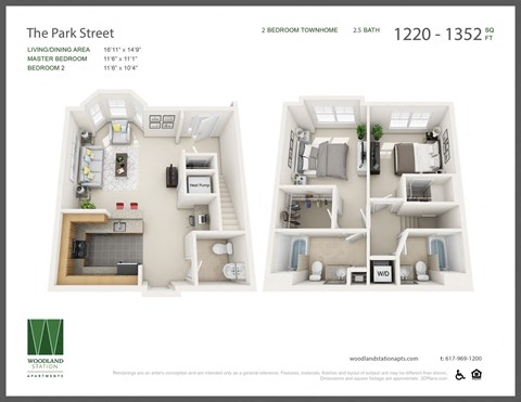 Floor plan for 2 beds, 2.5 baths, 1220 sqft