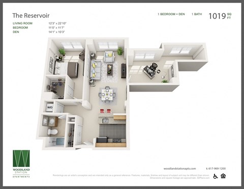 Floor plan for 1 bed, 1 bath, 1019 sqft