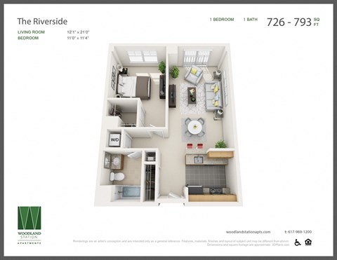 Floor plan for 1 bed, 1 bath, 753 sqft