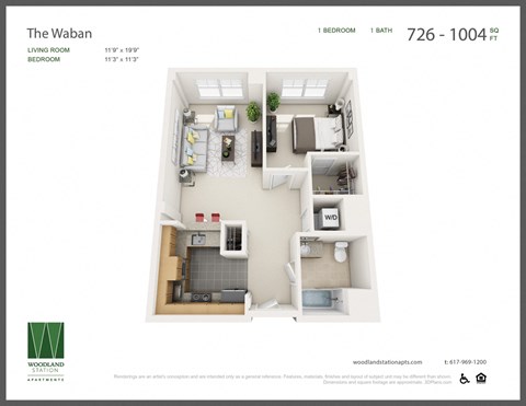 Floor plan for 1 bed, 1 bath, 753 sqft