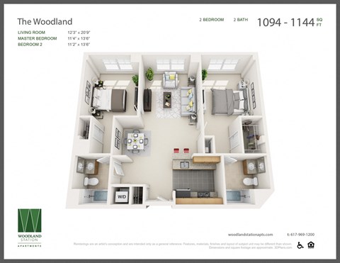 Floor plan for 2 beds, 2 baths, 1130 sqft