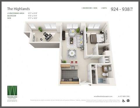 Floor plan for 1 bed, 1 bath, 938 sqft