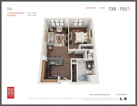 Floor plan for 1 bed, 1 bath, 750 sqft