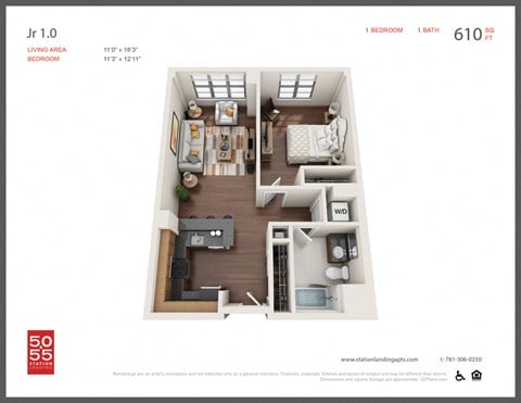 Floor plan for 1 bed, 1 bath, 610 sqft