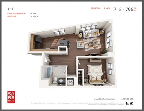 Floor plan for 1 bed, 1 bath, 790 sqft