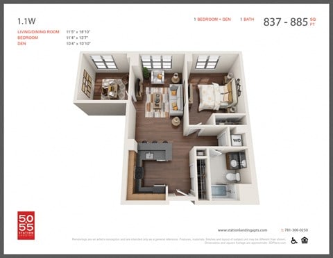 Floor plan for 1 bed, 1 bath, 890 sqft