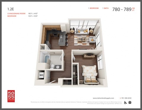 Floor plan for 1 bed, 1 bath, 790 sqft