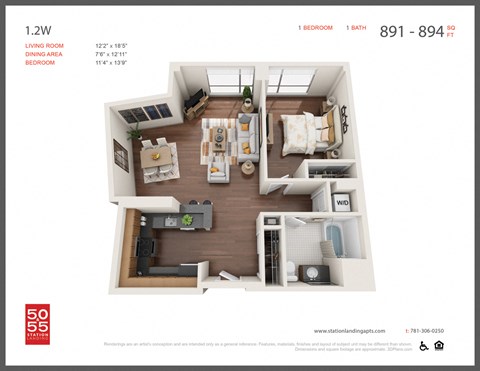 Floor plan for 1 bed, 1 bath, 890 sqft