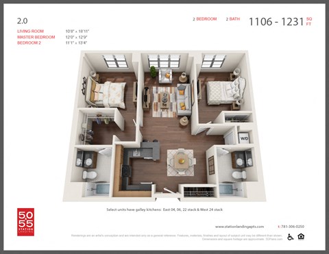 Floor plan for 2 beds, 2 baths, 1130 sqft