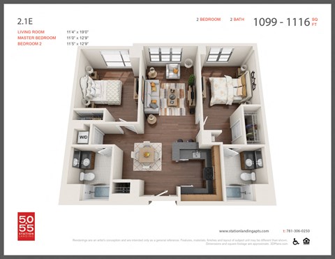 Floor plan for 2 beds, 2 baths, 1085 sqft