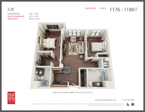 Floor plan for 2 beds, 2 baths, 1185 sqft