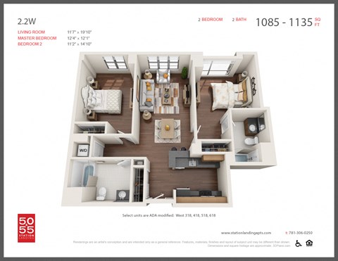 Floor plan for 2 beds, 2 baths, 1130 sqft