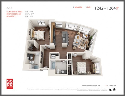 Floor plan for 2 beds, 2 baths, 1240 sqft
