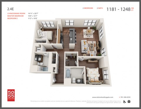 Floor plan for 2 beds, 2 baths, 1240 sqft