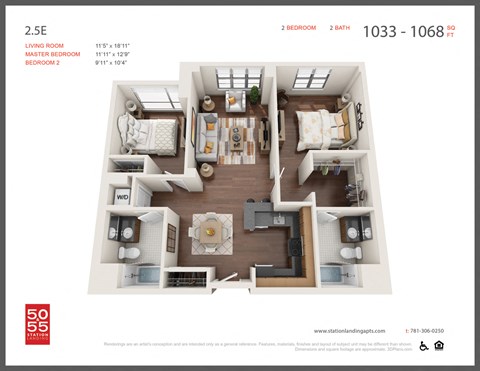 Floor plan for 2 beds, 2 baths, 1085 sqft