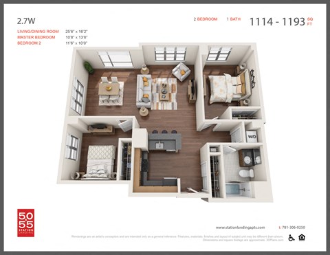 Floor plan for 2 beds, 1 bath, 1185 sqft