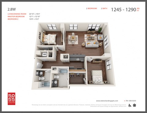 Floor plan for 2 beds, 2 baths, 1240 sqft