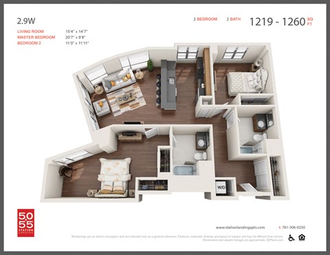 Floor plan for 2 beds, 2 baths, 1240 sqft