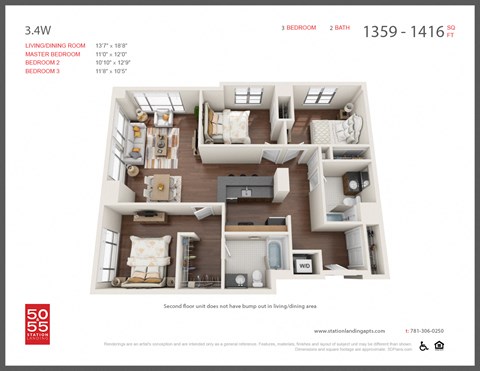 Floor plan for 3 beds, 2 baths, 1410 sqft