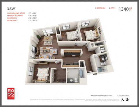Floor plan for 3 beds, 2 baths, 1340 sqft