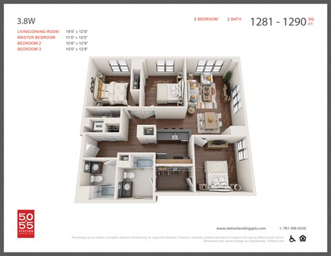 Floor plan for 3 beds, 2 baths, 1290 sqft