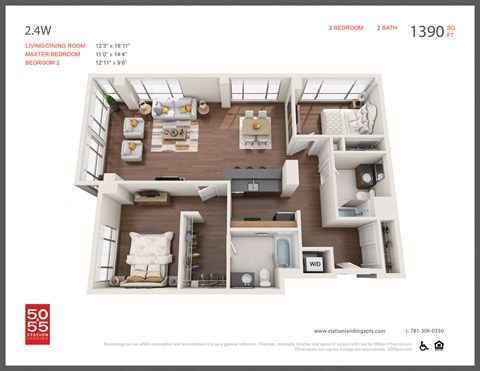 Floor plan for 2 beds, 2 baths, 1410 sqft