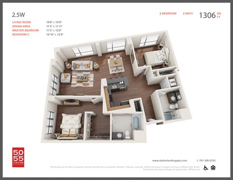 Floor plan for 2 beds, 2 baths, 1290 sqft