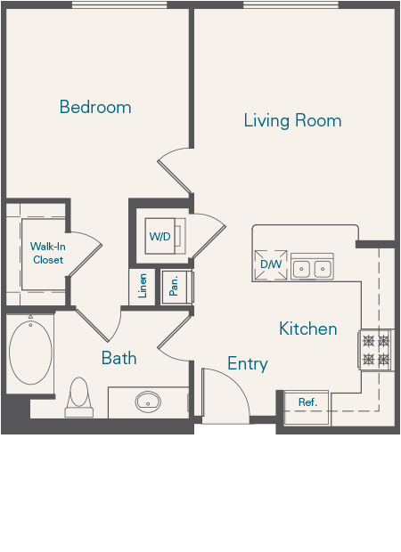 Floor plan for 1 bed, 1 bath, 682 sqft