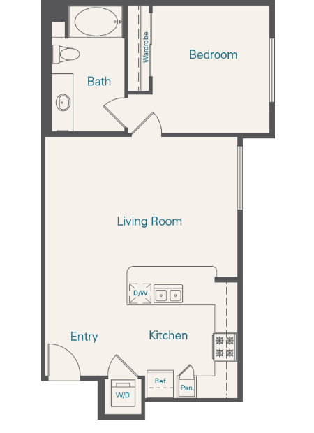 Floor plan for 1 bed, 1 bath, 734 sqft