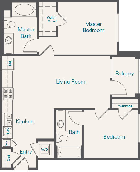 Floor plan for 2 beds, 2 baths, 899 sqft