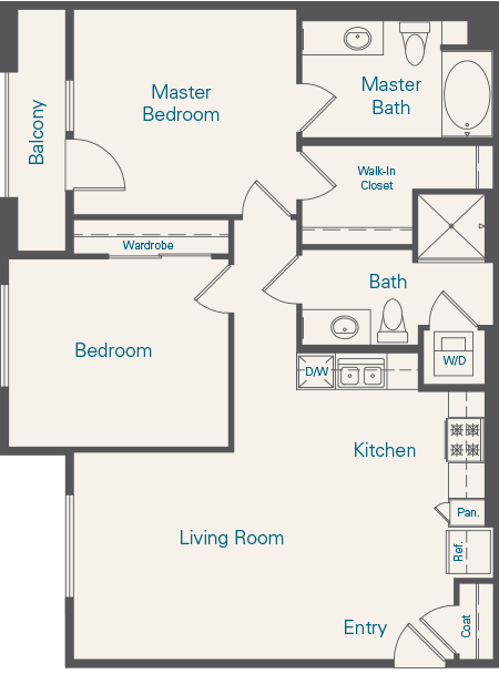 Floor plan for 2 beds, 2 baths, 1026 sqft