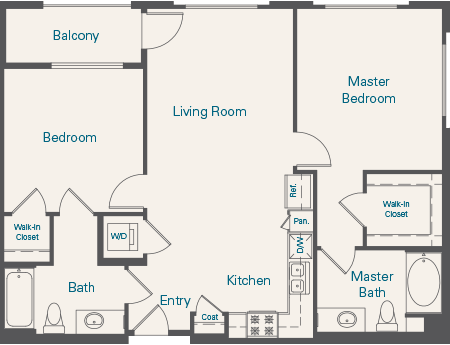 Floor plan for 2 beds, 2 baths, 1027 sqft
