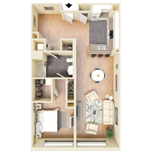 Floor plan for 1 bed, 1 bath, 926 sqft