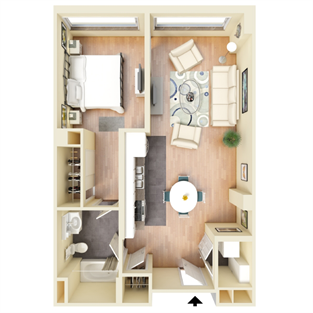 Floor plan for 1 bed, 1 bath, 620 sqft