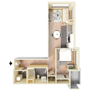 Floor plan for 1 bed, 1 bath, 764 sqft