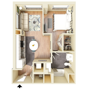 Floor plan for 1 bed, 1 bath, 598 sqft
