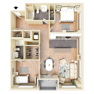Floor plan for 2 beds, 2 baths, 1112 sqft