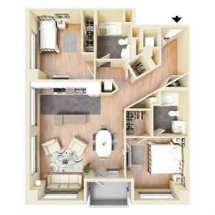 Floor plan for 2 beds, 2 baths, 1100 sqft