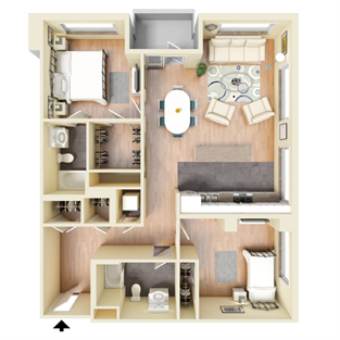Floor plan for 2 beds, 2 baths, 1137 sqft