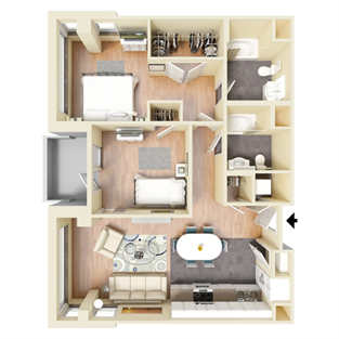 Floor plan for 2 beds, 2 baths, 990 sqft