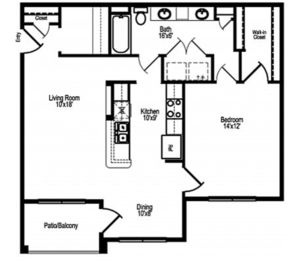 Floor plan for 1 bed, 1 bath, 815 sqft
